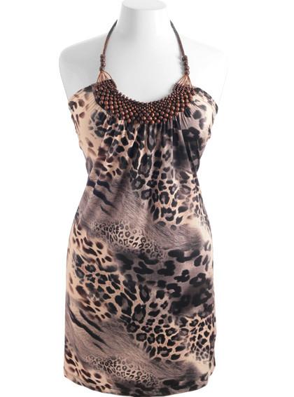 Plus Size Leopard Wooden Jewelry Grey Dress
