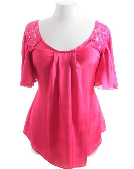 Plus Size Silky Satin Flutter Sleeve Pink Top