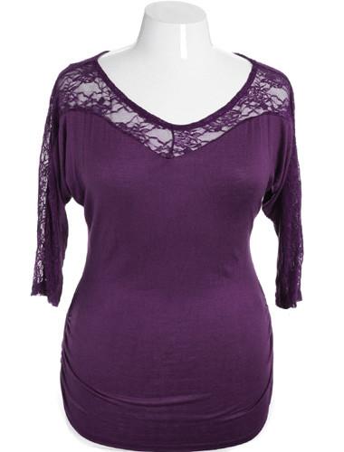 Plus Size Sexy Lace Gathered Purple Blouse