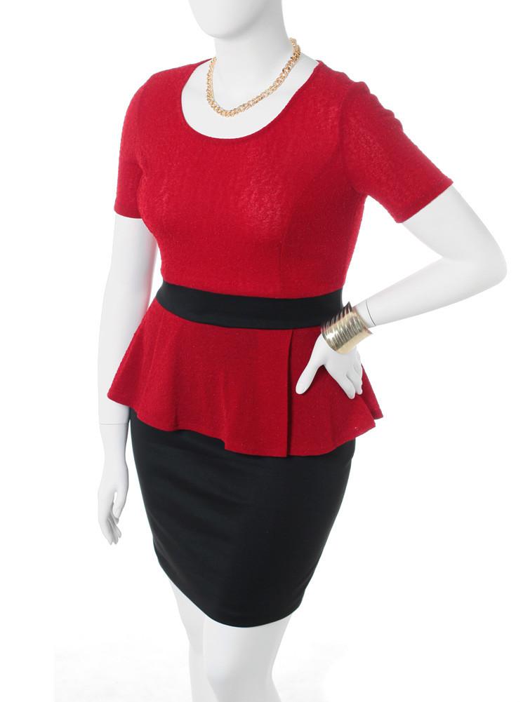 Plus Size Textured Peplum Short Sleeve Red Dress