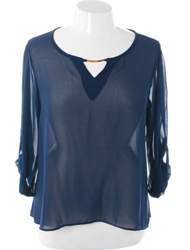 Plus Size Elegant See Through Roll Up Sleeve Navy Top