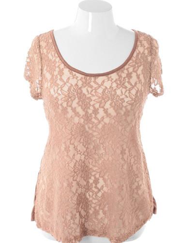 Plus Size Soft See Through Tulip Back Taupe Top