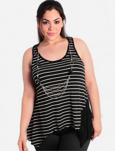 Plus Size Stylish Striped Lace Black Tank