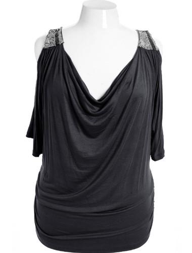 Plus Size Open Shoulder Sequenced Black Blouse