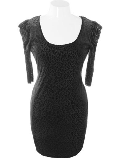 Plus Size Velvet Leopard Bold Shoulder Black Dress
