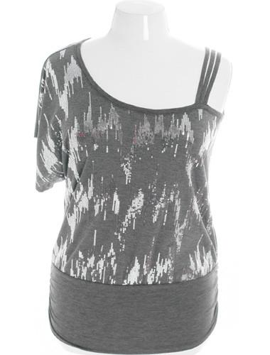 Plus Size Radiant Sequins Open Shoulder Grey Top