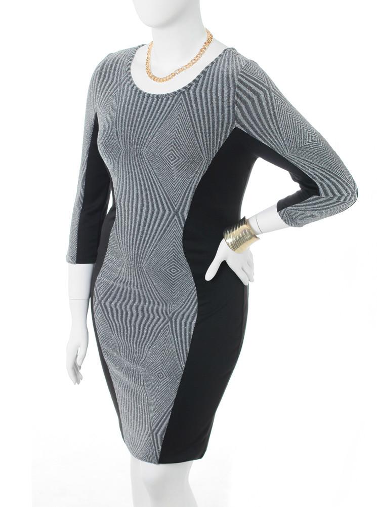 Plus Size Sparkling Stretchy Knit Silver Cocktail Dress