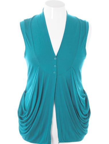 Plus Size Stylish Draped Pockets Sleeveless Teal Cardigan