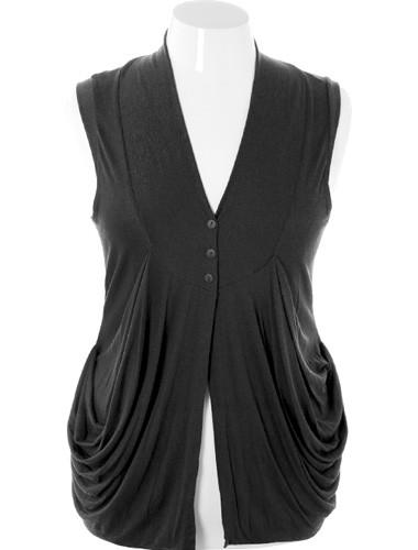 Plus Size Stylish Draped Pockets Sleeveless Black Cardigan