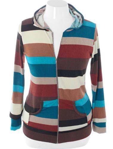 Plus Size Colorful Stripe Zip Up Teal Hoodie