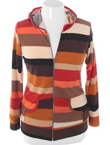 Plus Size Colorful Stripe Zip Up Orange Hoodie
