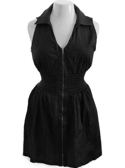 Plus Size Sexy Cotton Zip Up Sleeveless Black Dress