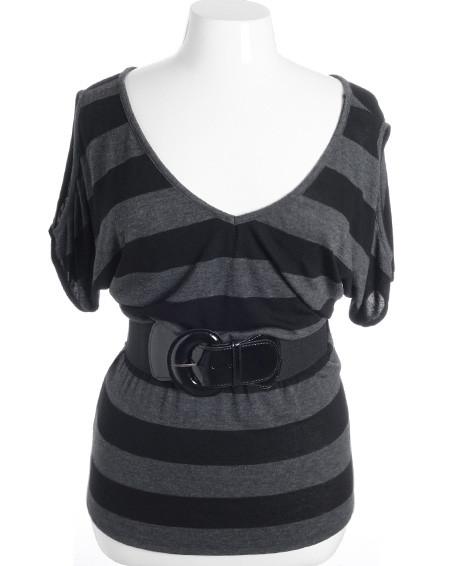 Plus Size Open Shoulder Stripe Belt Black Top