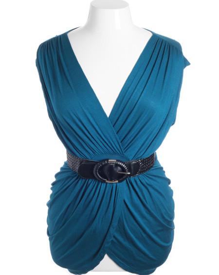 Plus Size Sexy Sleeveles Pleat Braided Belt  Teal Top