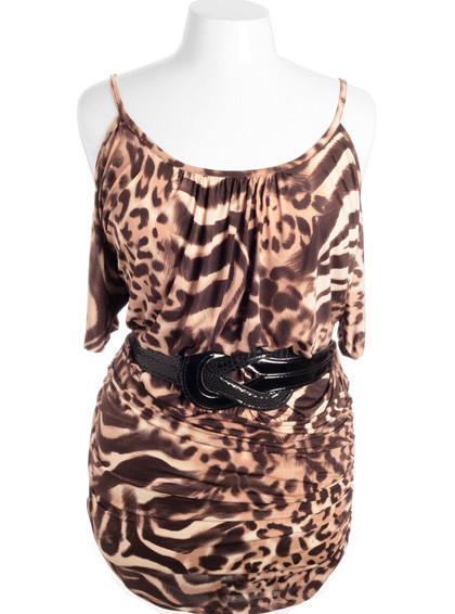 Plus Size Open Shoulder Gator Belt Leopard Brown Mini Dress