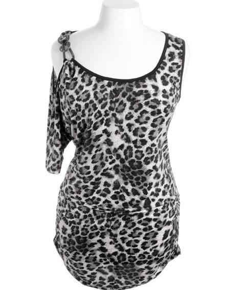 Plus Size Leopard One Shoulder Jewelry Strap Black Mini Dress