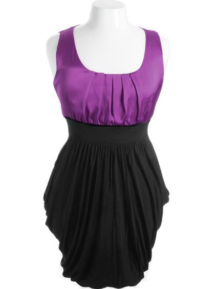 Plus Size Silky Satin Top Layered Pleat Skirt Purple Dress