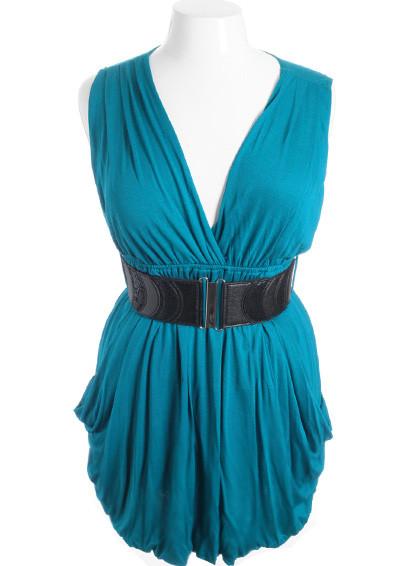 Plus Size Sleeveless Bubble Pleat Skirt Teal Mini Dress