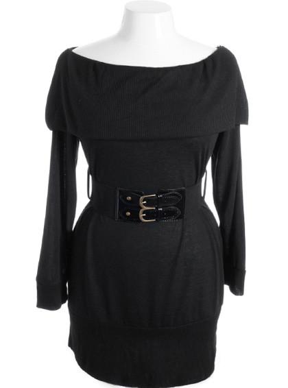 Plus Size Tiered Collar Long Sleeve Belt Black Mini Dress