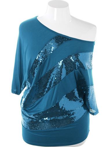 Plus Size Sparkling One Shoulder Aqua Mini Dress