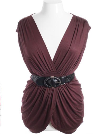 Plus Size Sexy Sleeveles Pleat Braided Belt  Brown Top