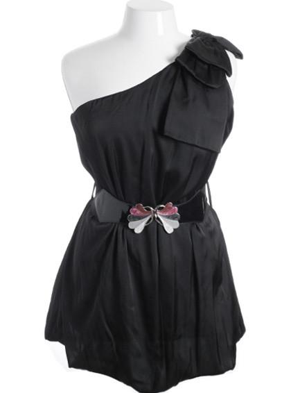 Plus Size Silky Satin Bubble One Shoulder Bow Black Dress