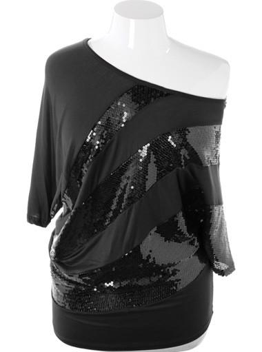 Plus Size Sparkling One Shoulder Black Mini Dress