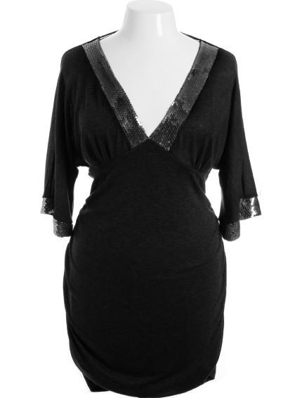 Plus Size Sparkling V Neck Collar Black Mini Dress