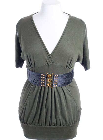 Plus Size Open Shoulder  Buckle Belt Olive Mini Dress