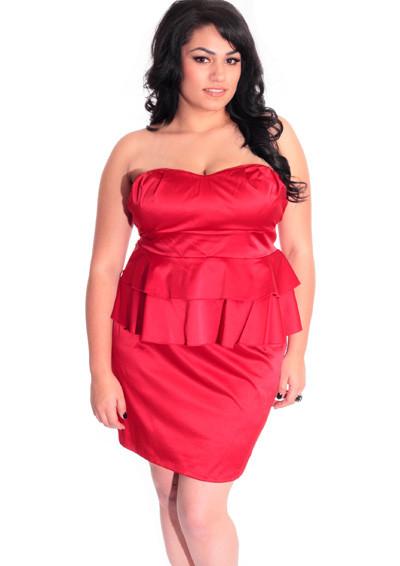 Plus Size Sexy Satin Ruffle Red Tube Mini Dress-1