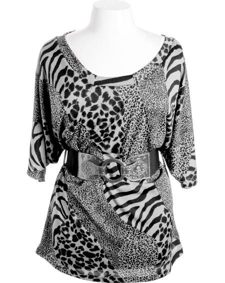 Plus Size Sexy Loose Leopard Half Sleeve Belt Black Top