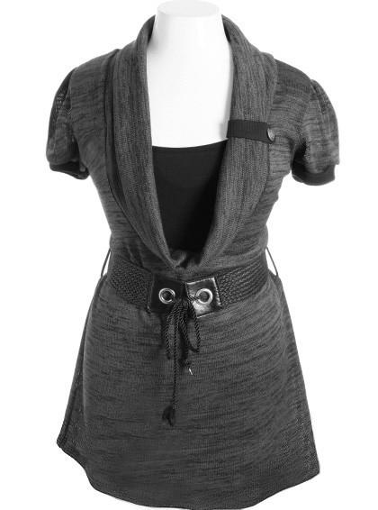 Plus Size Elegant Loose Cowl Neck Belt Grey Mini Dress