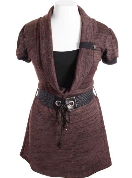 Plus Size Elegant Loose Cowl Neck Belt Brown Mini Dress