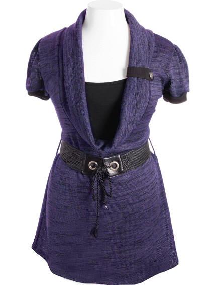 Plus Size Elegant Loose Cowl Neck Belt Purple Mini Dress