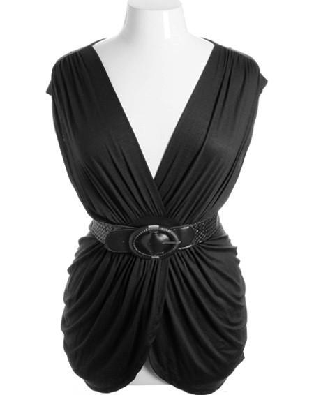 Plus Size Sleeveles Pleat Braided Belt  Black Top