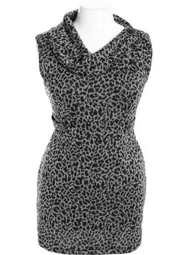 Plus Size Classic Leopard Cowl Neck Grey Dress