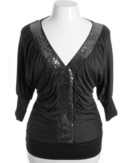 Plus Size Sexy Dazzling Half Sleeve Black Club Top