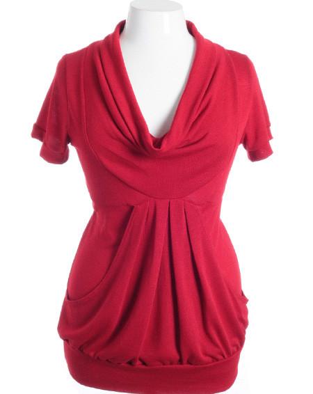 Plus Size Cowl Neck Bubble Pleat Red Top