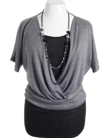 Plus Size Layered Jewelry Loose Bubble Grey Top
