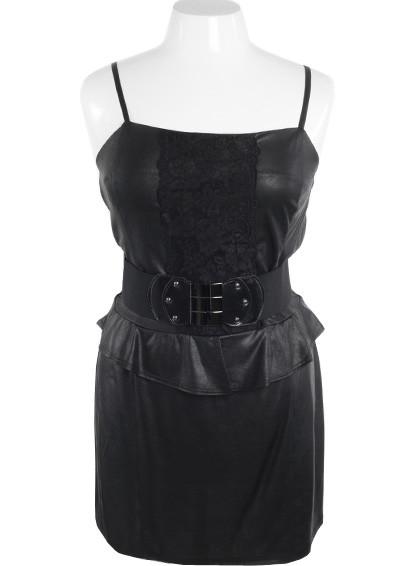 Plus Size Sexy Lace Belt Satin Ruffle Black Dress