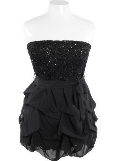 Plus Size Sparkling Lace Ruffle Bubble Black Tube Dress