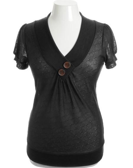 Plus Size See Though Wooden Buttons Black Top