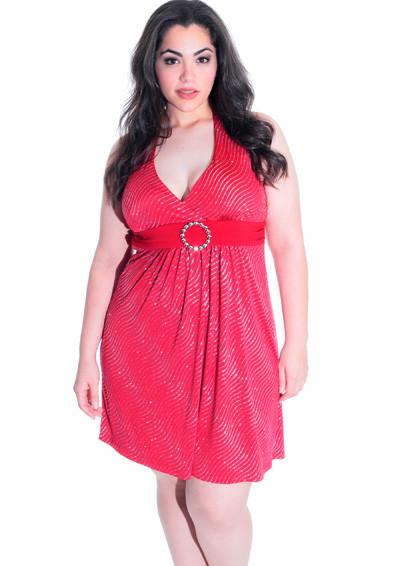 Plus Size Sparkle Glitter Red Halter Dress