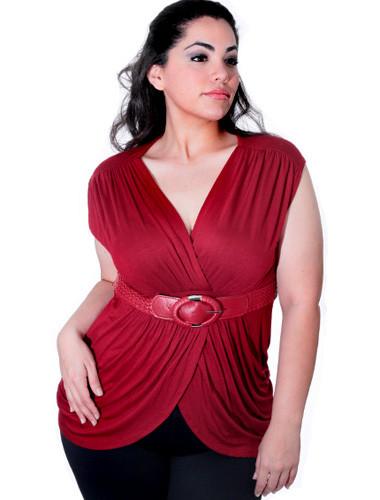 Plus Size Sexy Sleeveles Pleat Braided Belt  Red Top