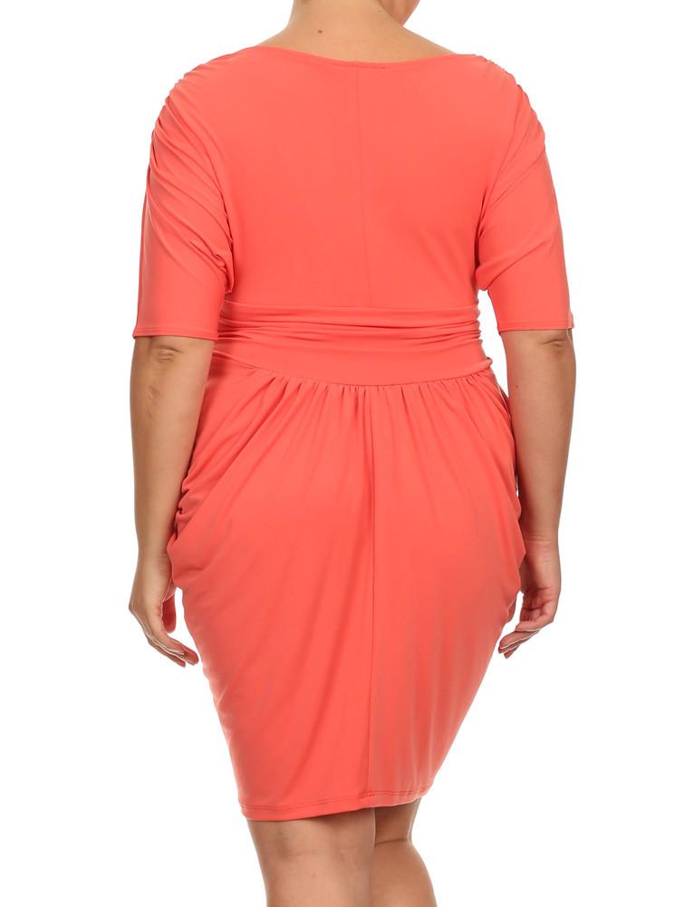 Plus Size Divine V Neck Pleated Peach Coral Dress