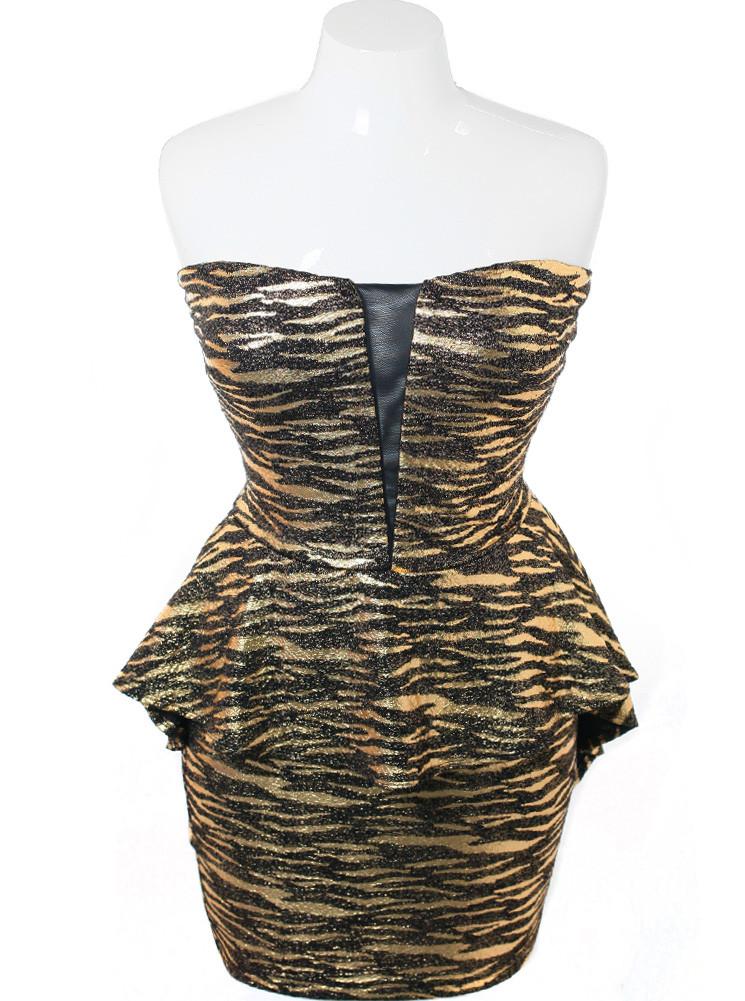 Plus Size Metallic Zebra Peplum Gold Dress