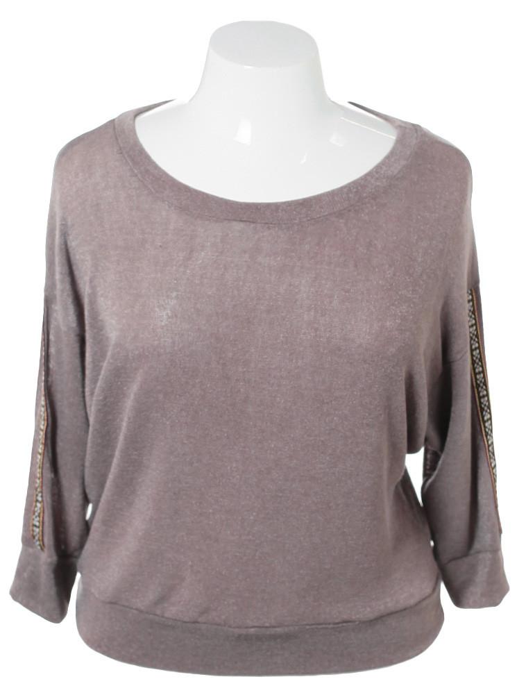 Plus Size Tribal Sleeve Patch Knit Taupe Top