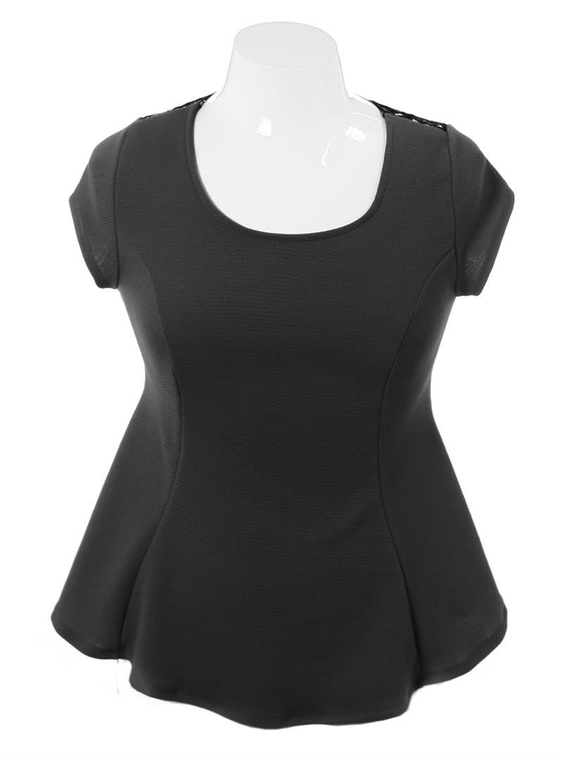 Plus Size See Through Back Flare Black Top