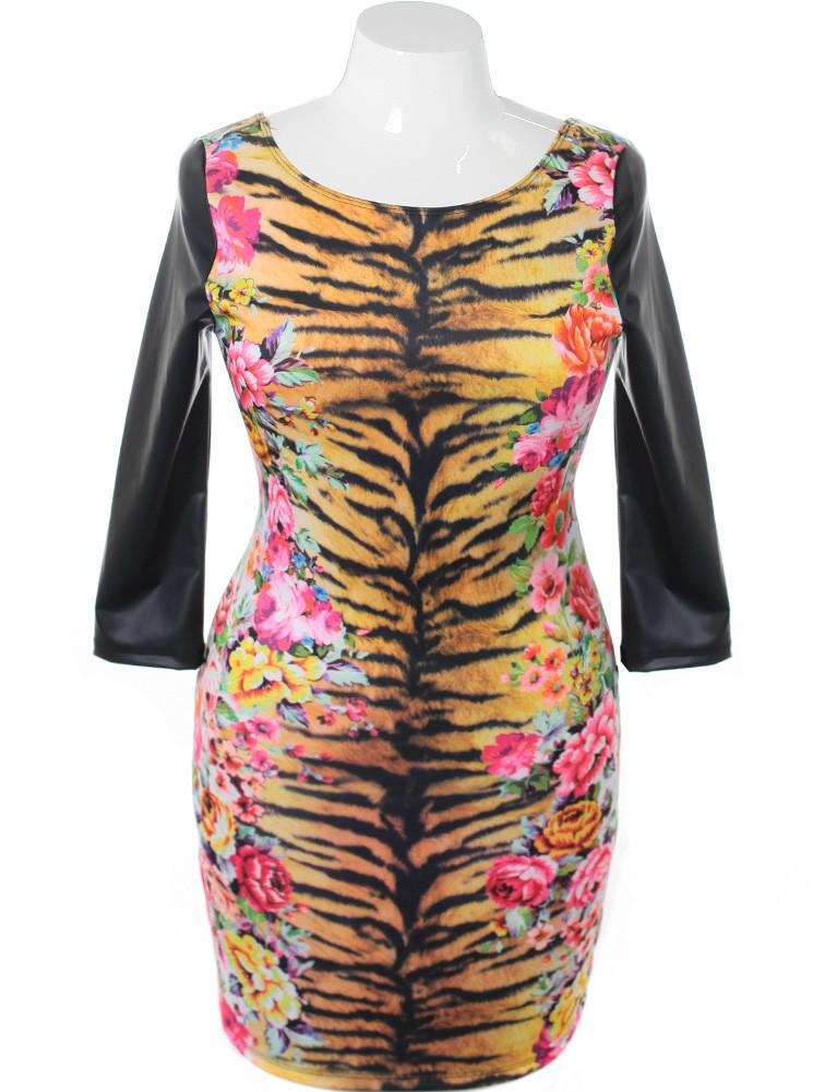 Plus Size Leather Sleeve Leopard Dress