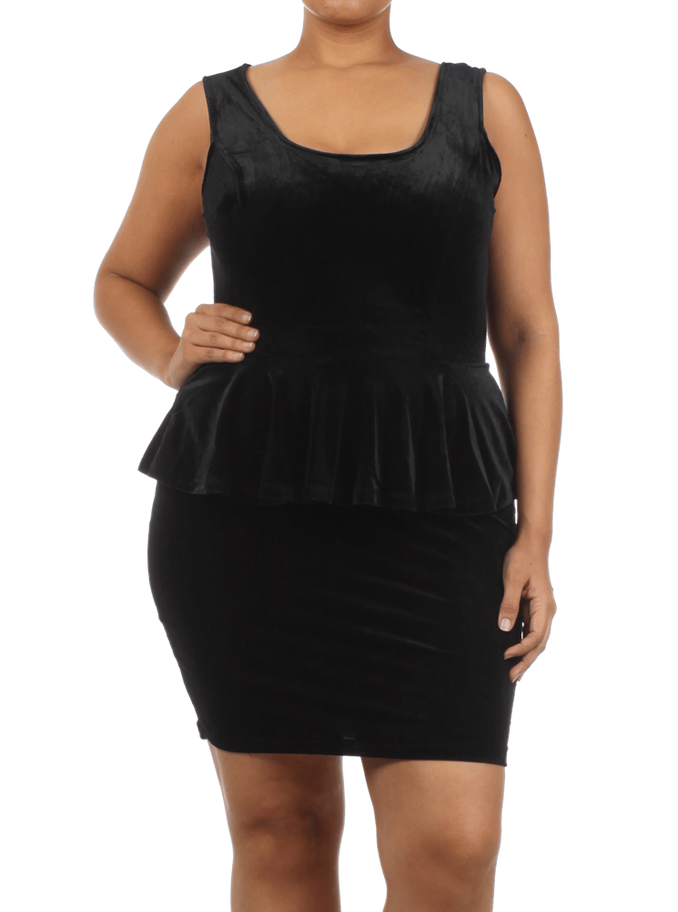 Plus Size Velvet Bow Back Black Peplum Dress